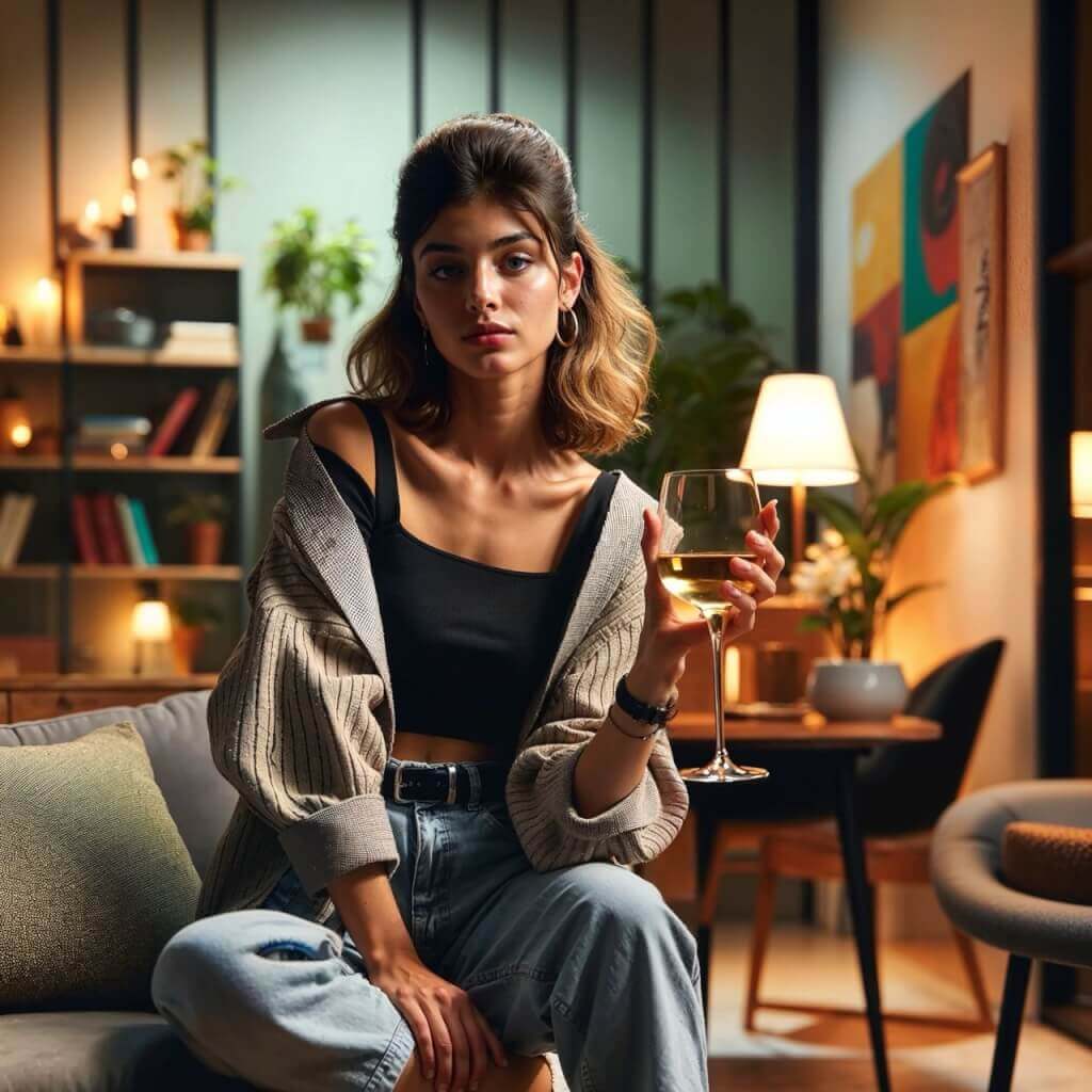Woman sipping wine while reflecting on her drinking habits, questioning potential consequences.