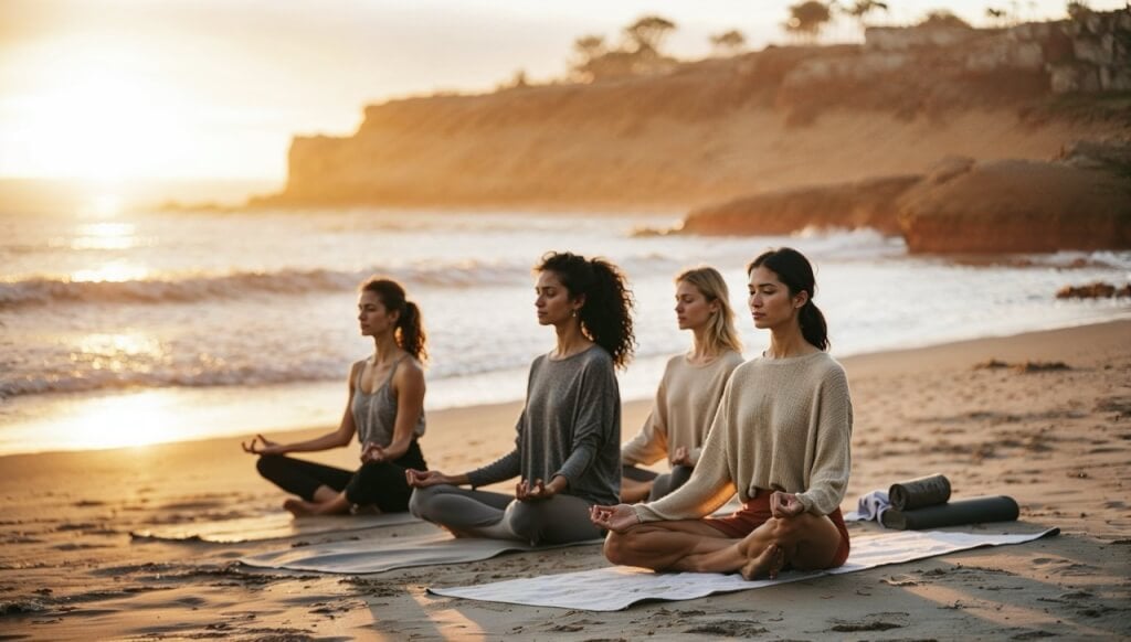 Group of diverse women in activewear practice yoga poses and mindfulness meditation on La Jolla beach at sunset, ocean waves gently lapping, La Jolla Shores backdrop, exuding calm and rejuvenation.
