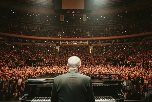 A thoughtful black and white photo of Billy Joel sitting at his piano, looking away from the camera.