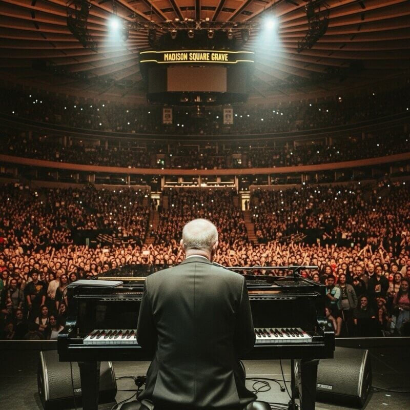 A thoughtful black and white photo of Billy Joel sitting at his piano, looking away from the camera.