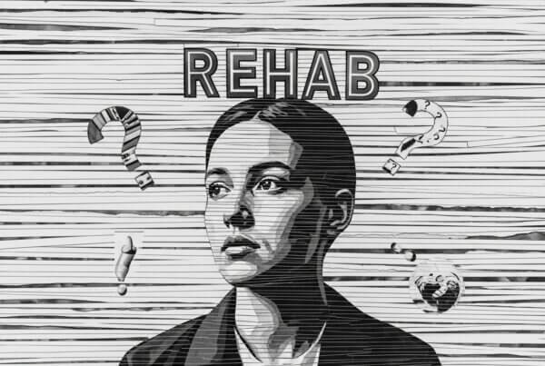 A conceptual collage of images showing the different meanings of the word 'rehab', including a physical therapist helping a patient and a supportive group therapy session.
