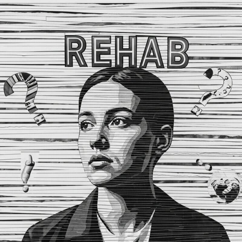 A conceptual collage of images showing the different meanings of the word 'rehab', including a physical therapist helping a patient and a supportive group therapy session.