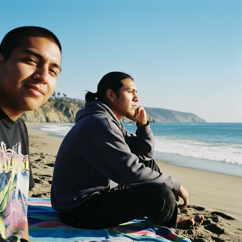 Two smiling Native American millennials stand on La Jolla Beach at sunset, symbolizing a new beginning after completing a culturally-focused healing program.