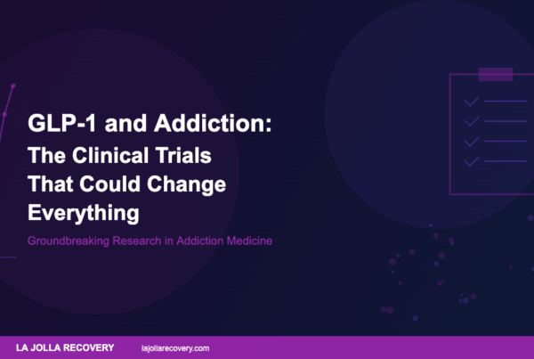 Clinical trials studying GLP-1 drugs for addiction treatment - clipboard and research chart illustration