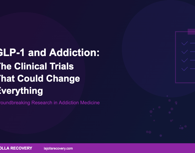 Clinical trials studying GLP-1 drugs for addiction treatment - clipboard and research chart illustration