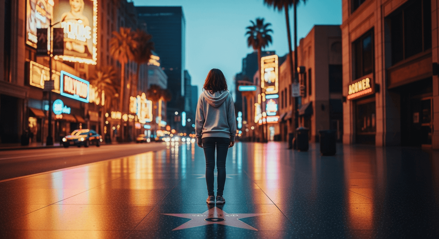 Lone figure on an empty Hollywood boulevard at twilight representing the isolation of child stardom and celebrity addiction recovery