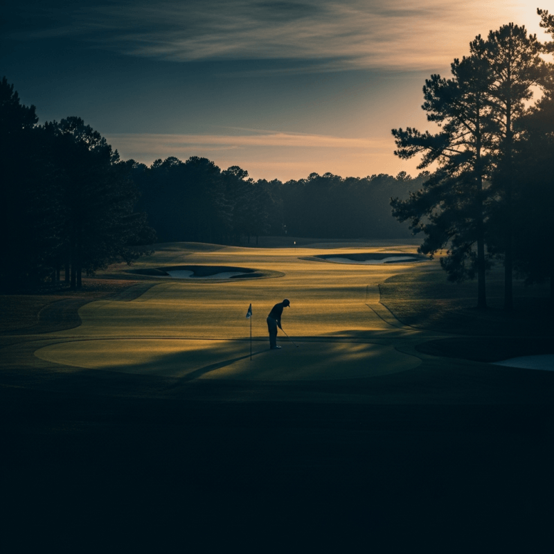 Tiger Woods silhouette on a twilight golf course symbolizing the struggle between fame, chronic pain, and addiction recovery
