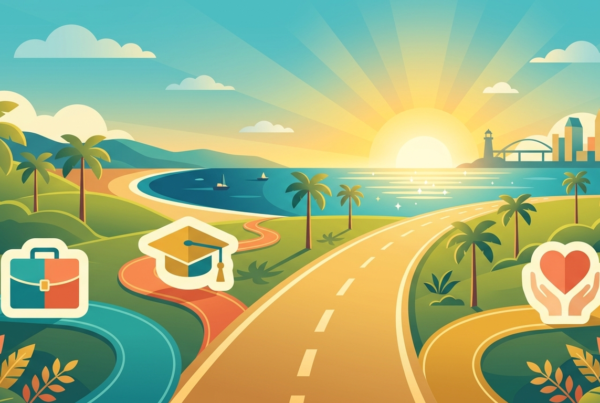 Illustration of work, school, and volunteering pathways converging, showing employment and recovery as connected tools via San Diego's WorkReady Hub