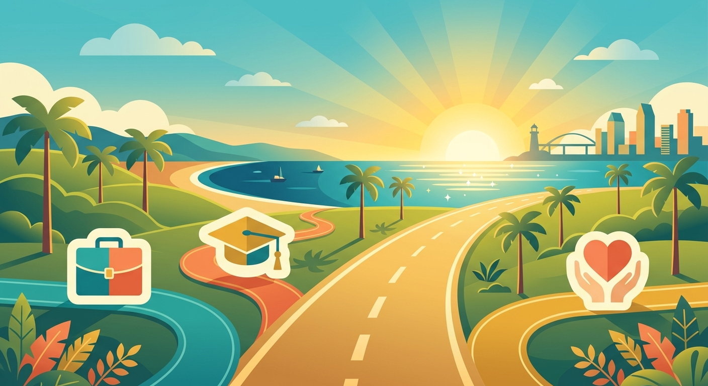 Illustration of work, school, and volunteering pathways converging, showing employment and recovery as connected tools via San Diego's WorkReady Hub