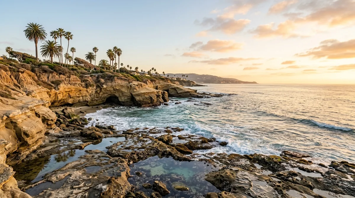 La Jolla coastline and sandstone sea cliffs at sunset in San Diego, California