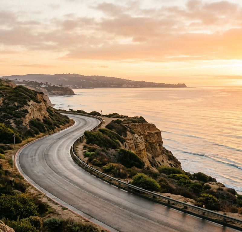Sunrise over a winding La Jolla coastal road, symbolizing the Tim Allen recovery story of trauma, prison, and growth
