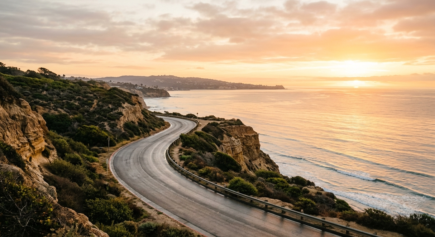 Sunrise over a winding La Jolla coastal road, symbolizing the Tim Allen recovery story of trauma, prison, and growth