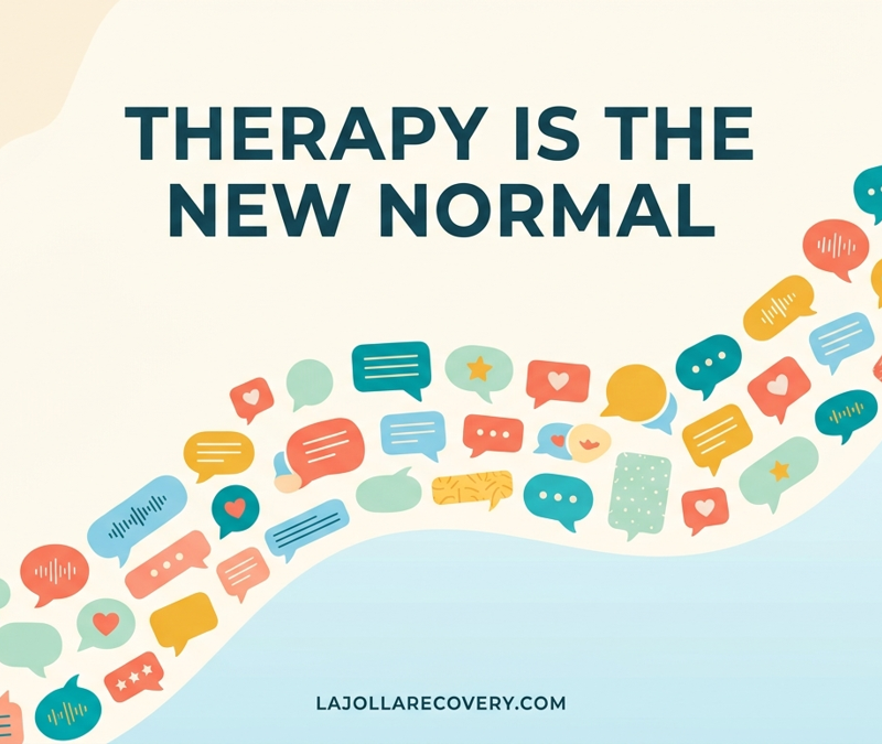 Why is everyone in therapy now — colorful rising speech bubbles, La Jolla Recovery San Diego