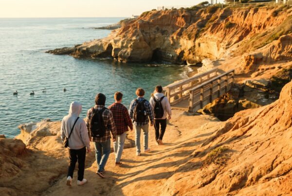 Young adults in hoodies and tees hiking a cliff path above La Jolla Cove at sunrise, an addiction aftercare program in motion
