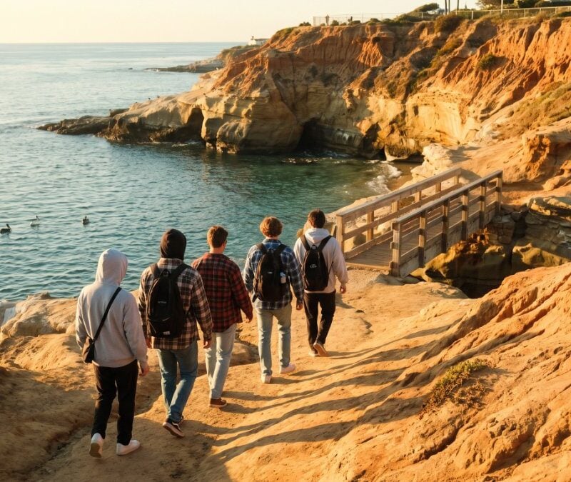 Young adults in hoodies and tees hiking a cliff path above La Jolla Cove at sunrise, an addiction aftercare program in motion