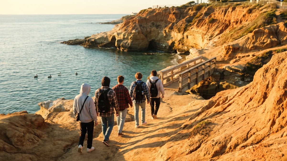 Young adults in hoodies and tees hiking a cliff path above La Jolla Cove at sunrise, an addiction aftercare program in motion