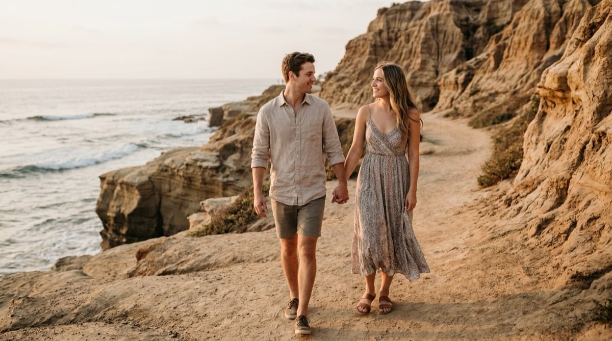 Young couple in casual beach clothing holding hands on a La Jolla coastal path at golden hour