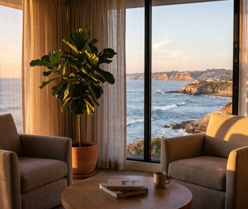Sunlit therapy office with two armchairs facing an ocean-view window, rhythmic bands of light suggesting an EMDR session