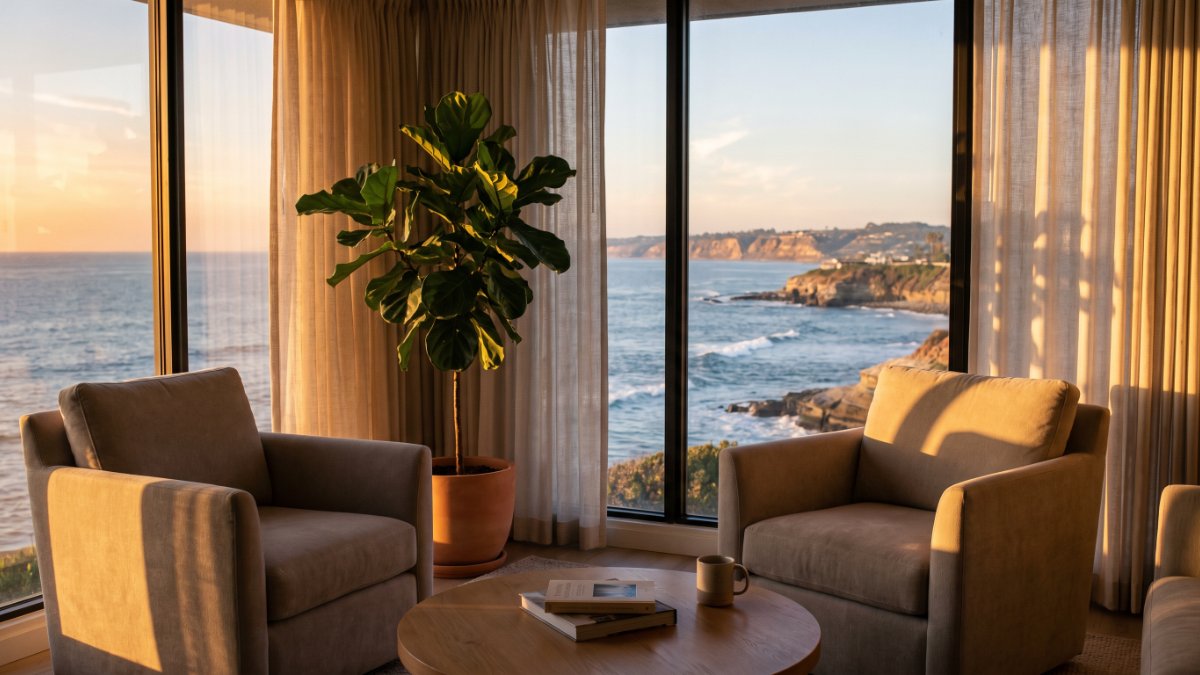 Sunlit therapy office with two armchairs facing an ocean-view window, rhythmic bands of light suggesting an EMDR session