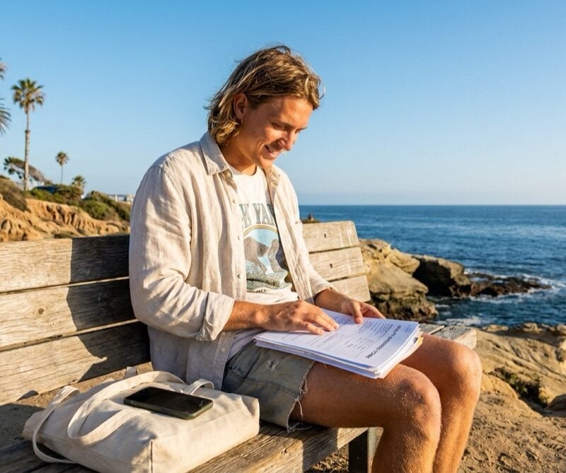 Young adult reviewing insurance paperwork on a bench overlooking La Jolla Cove in San Diego