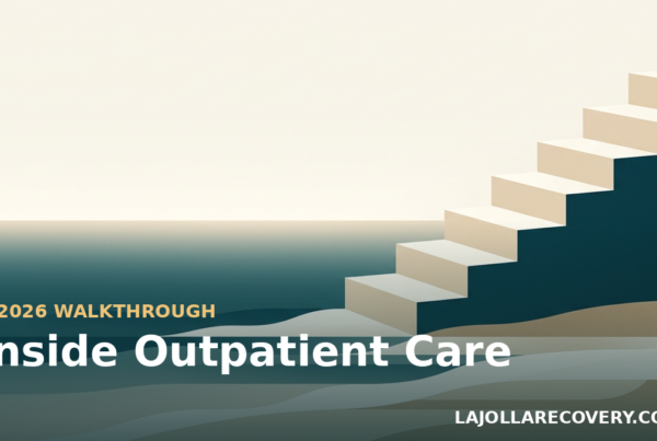 Abstract weekly-step calendar over a coast illustrating what to expect in outpatient rehab in San Diego