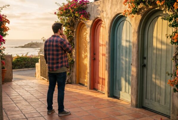 Young adult in casual clothes weighing four colorful courtyard doors, a metaphor for types of mental health professionals