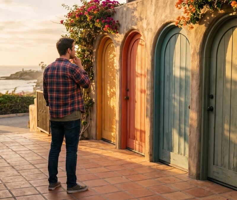 Young adult in casual clothes weighing four colorful courtyard doors, a metaphor for types of mental health professionals