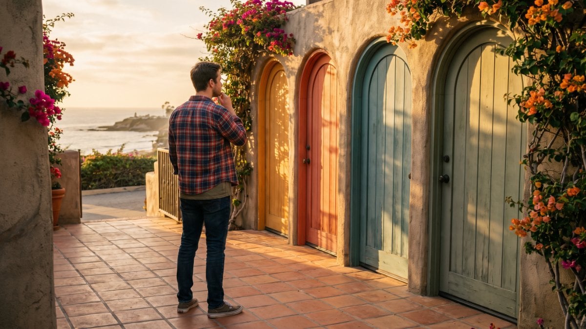Young adult in casual clothes weighing four colorful courtyard doors, a metaphor for types of mental health professionals