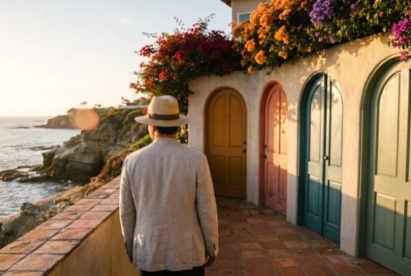 Person pausing before four colorful doors on a coastal courtyard, weighing the types of mental health professionals