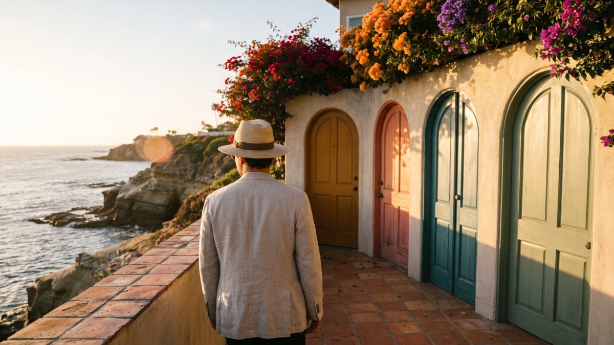 Person pausing before four colorful doors on a coastal courtyard, weighing the types of mental health professionals