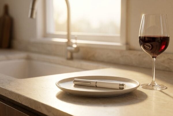 GLP-1 injection pen on a kitchen counter beside a pushed-away glass of wine
