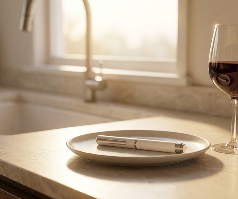 GLP-1 injection pen on a kitchen counter beside a pushed-away glass of wine