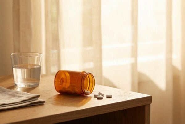 Tipped Klonopin-style prescription bottle with white tablets on a bedside table in soft morning light