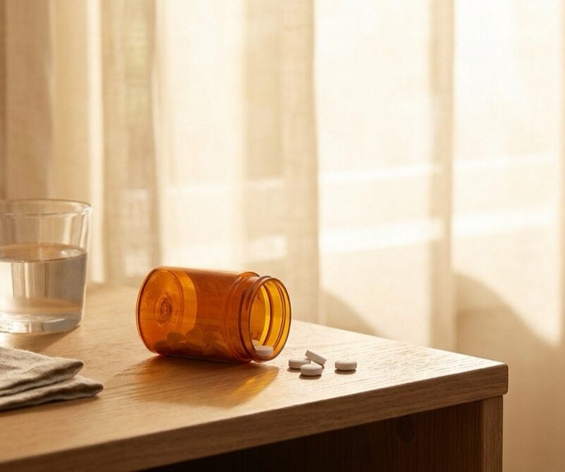 Tipped Klonopin-style prescription bottle with white tablets on a bedside table in soft morning light