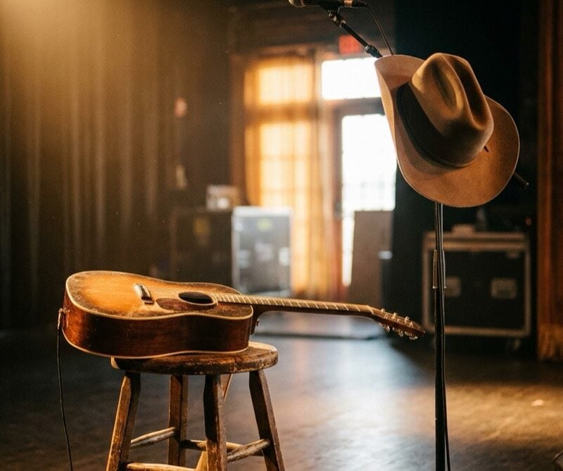 Empty country stage with acoustic guitar and cowboy hat under a spotlight, evoking Morgan Wallen’s rehab story