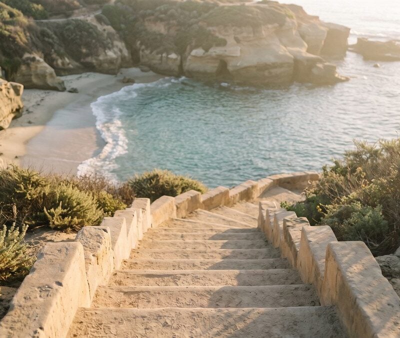 Gentle sandstone steps descending gradually to a calm La Jolla cove illustrating tapering off sedatives safely