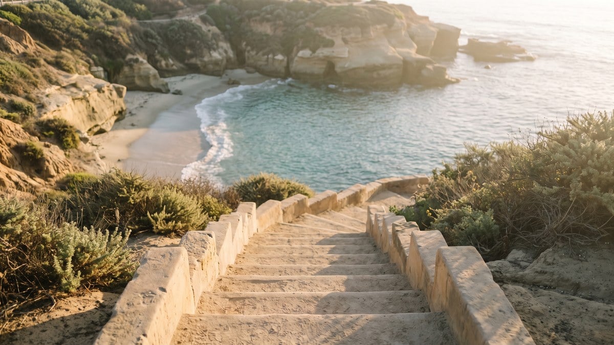 Gentle sandstone steps descending gradually to a calm La Jolla cove illustrating tapering off sedatives safely