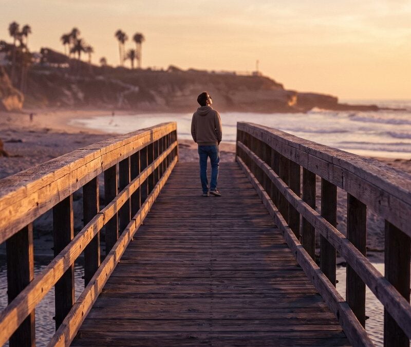 Coastal footbridge crossing toward the La Jolla shoreline at golden hour representing the aftercare bridge after rehab