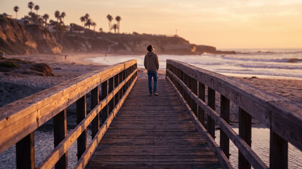 Coastal footbridge crossing toward the La Jolla shoreline at golden hour representing the aftercare bridge after rehab