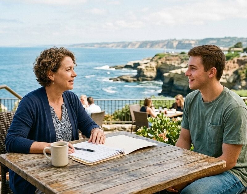 Discharge counselor talking with a young man on an ocean-view patio in La Jolla about sober living referrals