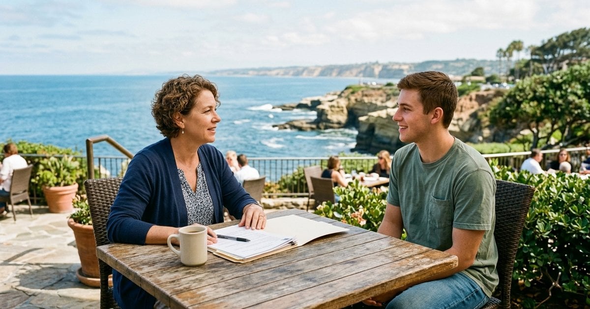 Discharge counselor talking with a young man on an ocean-view patio in La Jolla about sober living referrals