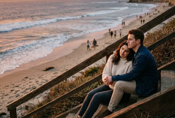 Young couple sitting together on beach steps at La Jolla Shores at sunset, preparing for detox together