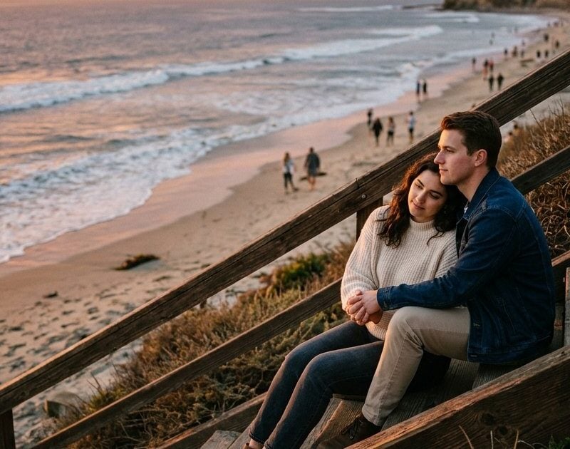 Young couple sitting together on beach steps at La Jolla Shores at sunset, preparing for detox together