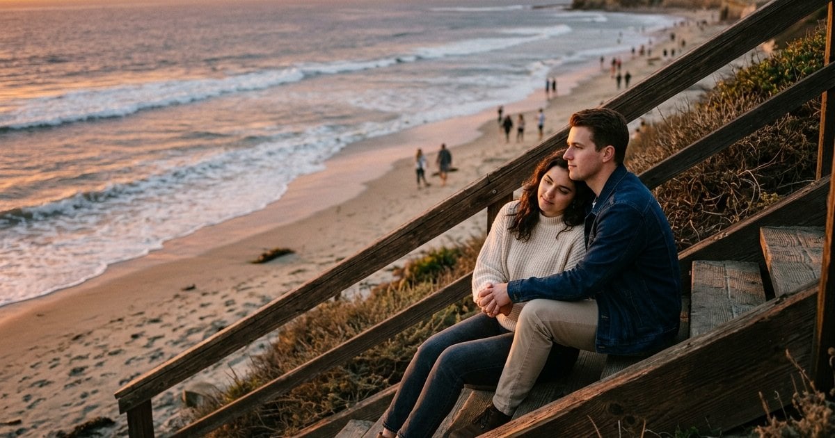 Young couple sitting together on beach steps at La Jolla Shores at sunset, preparing for detox together