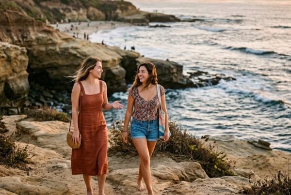 Two young women walking the La Jolla Cove cliffs at golden hour, talking about choosing rehab in San Diego