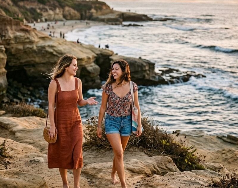 Two young women walking the La Jolla Cove cliffs at golden hour, talking about choosing rehab in San Diego