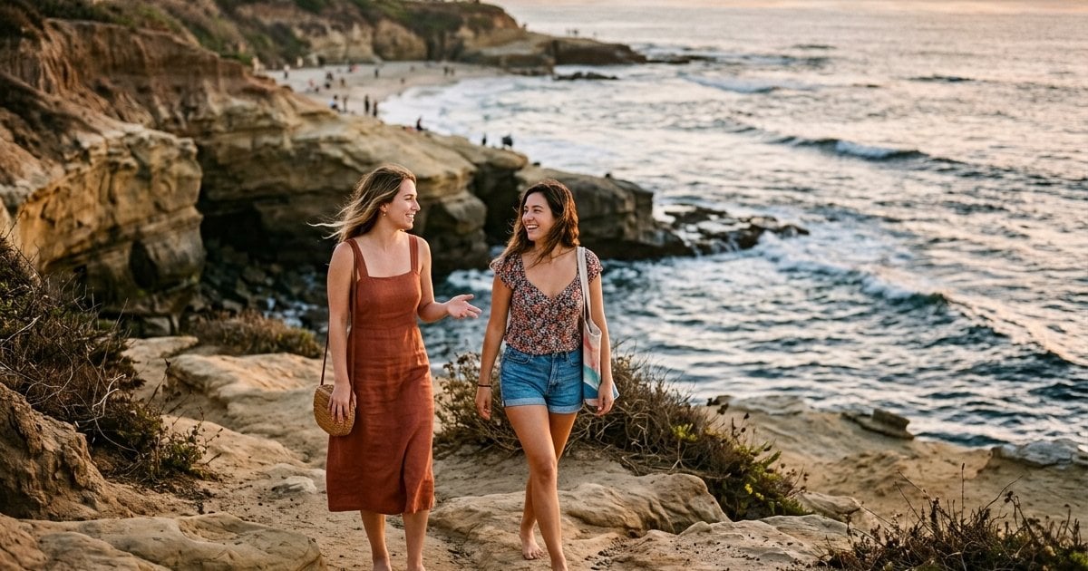 Two young women walking the La Jolla Cove cliffs at golden hour, talking about choosing rehab in San Diego