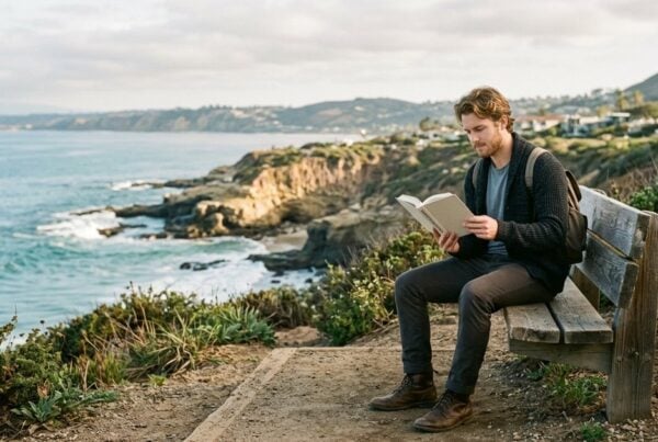 Young man reading on a bench above the La Jolla coastline, learning what rehab terms mean