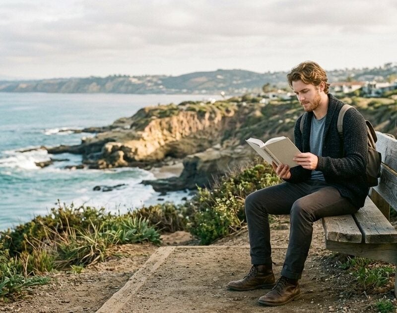 Young man reading on a bench above the La Jolla coastline, learning what rehab terms mean