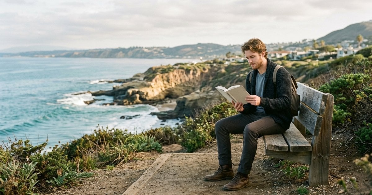 Young man reading on a bench above the La Jolla coastline, learning what rehab terms mean
